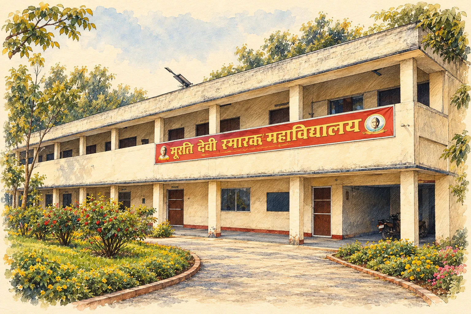 मूर्ति देवी स्मारक महाविद्यालय के भवन का जलरंग चित्रण