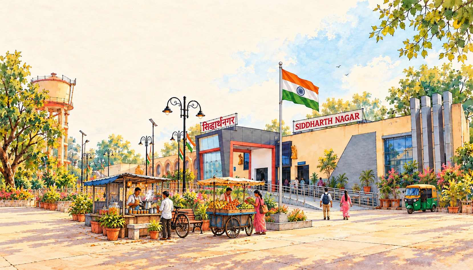 सिद्धार्थनगर रेलवे स्टेशन, भारत के राष्ट्रीय ध्वज, चाय की दुकान, फल की रेहड़ी और बेंचों का रंगीन जलरंग चित्रण